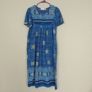Loungees multicolored blue tunic dress size S with pockets 100% cotton‎ V Neck
